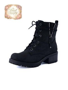 Women's Kobe Heeled Combat Boots Lace-Up Faux Leather Ankle Booties